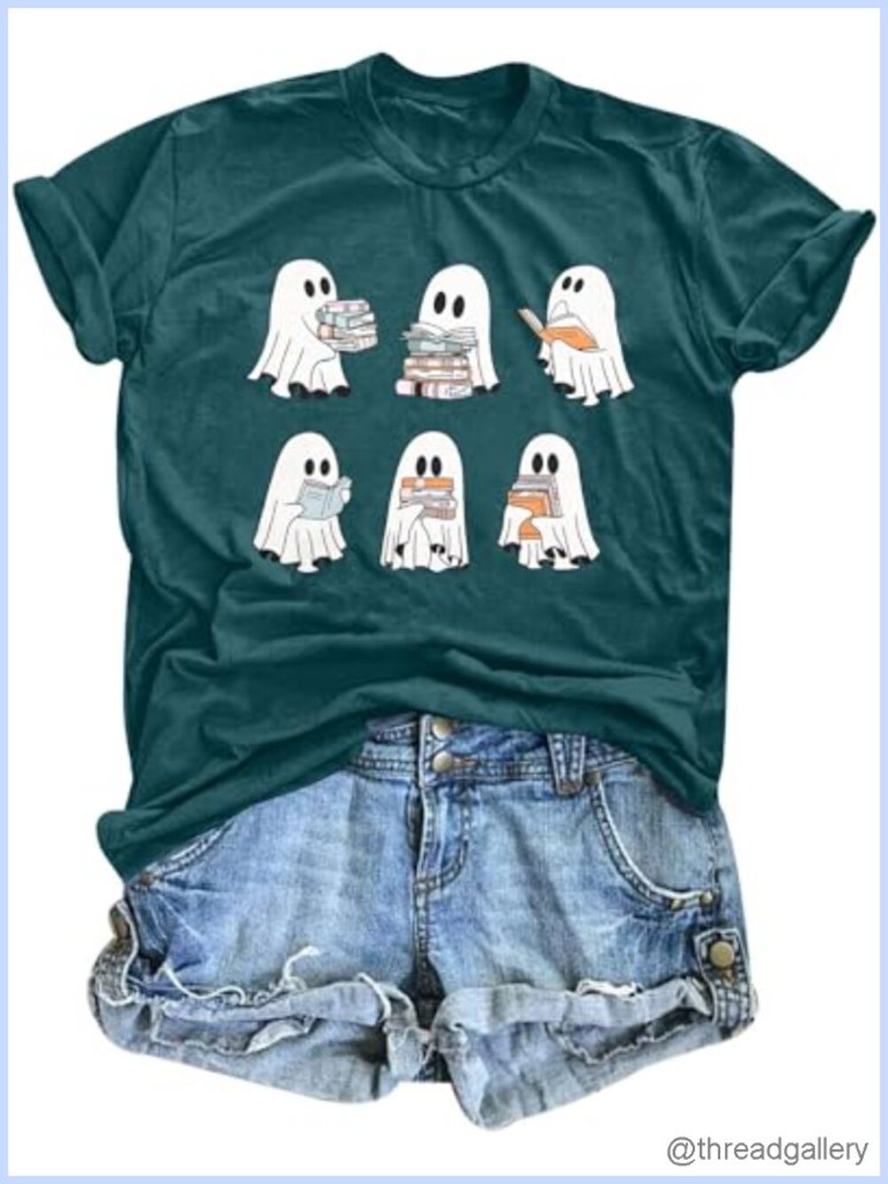 Women's Halloween Teacher Shirt Ghost Reading Books Graphic Tee Short Sleeve